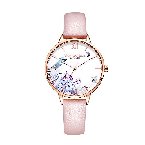 VICTORIA HYDE Elegant Women Watches Floral Dial Analog Quartz Detachable Genuine Leather Strap Wristwatch for Ladies Pink