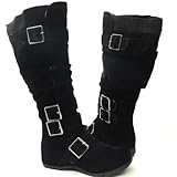 Womens Knee High Faux Suede Flat Winter Buckle Boots Black