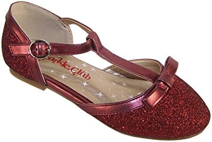 Girls' Deep Red Sparkly Glitter Dress Occasion Party T-Bar Shoes Synthetic Flats