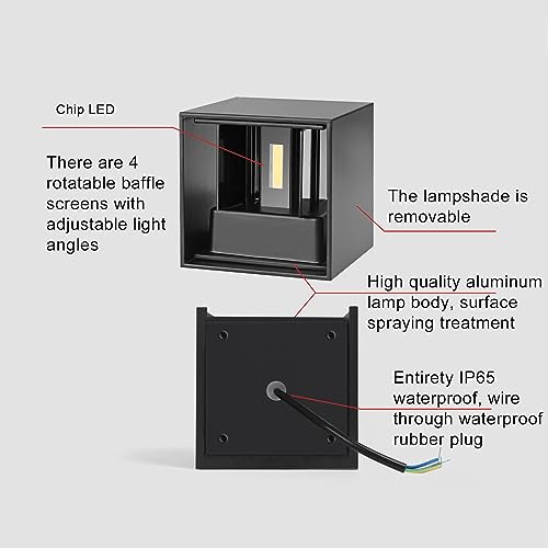 2 Pieces Outdoor Indoor LED Wall Light Modern Black 20 W Warm Light 3000 K LED Wall Lamp IP65 Waterproof Square Aluminium Up and Down Adjustable Design Easy to Install