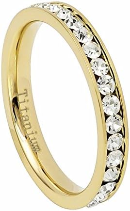Womens 3mm Gold Tone Titanium Wedding Band Eternity Ring Cubic Zirconia Inlay Size 4.5