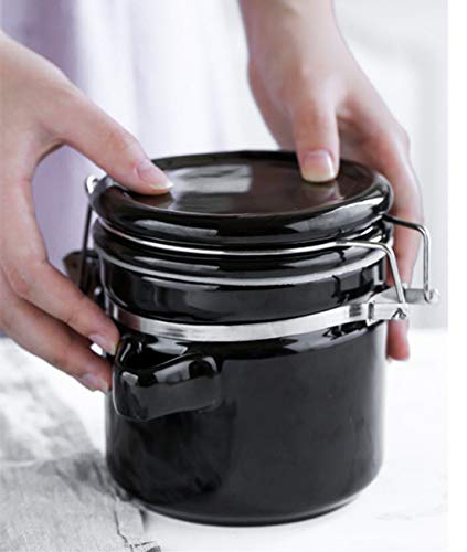 Porcelain Coffee Container Storage Canister with Valve Blocks and Scoop Travel Jar for Coffee Beans Ground Dry Goods Storage (Black, 30oz)