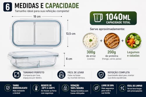 Pote Marmita de Vidro Borossilicato com Divisória | Hermético 2 Compartimentos 1040ml | Freezer Micro-ondas Livre BPA