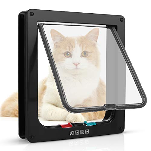 Sailnovo Cat Door 24.5 x 28.5 x 5.5 cm, Black, Size XL, Cat Door with 4-Way Lock for Indoor and Outdoor Doors, Weatherproof Pet Door