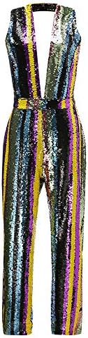 Ussuperstar Women's Rainbow Sequin V-Neck Jumpsuit Sleeveless Striped Rompers Clubwear