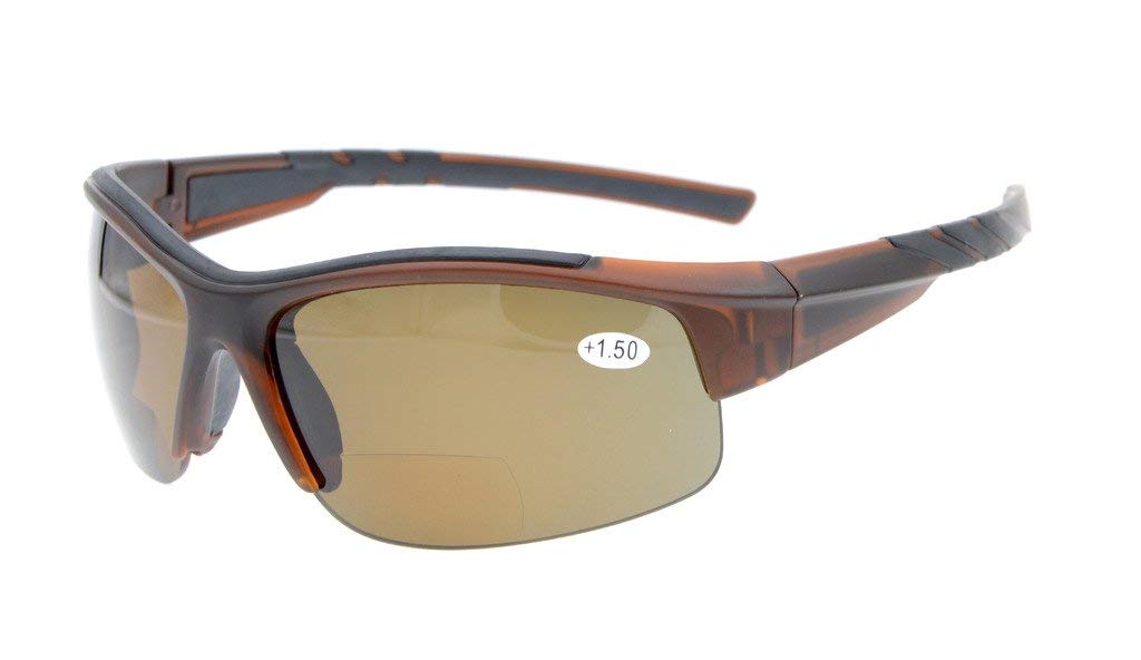 Eyekepper TR90 Unbreakable Sports Bifocal Half Rimless Sunglasses Baseball Running Fishing Driving Golf Softball Hiking Brown Frame Brown Lens +1.25