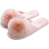 Avilego Elegant Satin Slippers for Women Indoor Outdoor Soft Cotton Slide Sandals Slip-on Shoes Trendy House Shoes with Pompom
