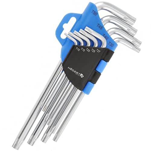 Hoegert Technik - TORX Set Wrench, TORX Screwdriver Set of 9 Pieces, Sizes T10 to T50, Made of CRV Steel, Resistant to Deformation and Abrasion, Silver, Long