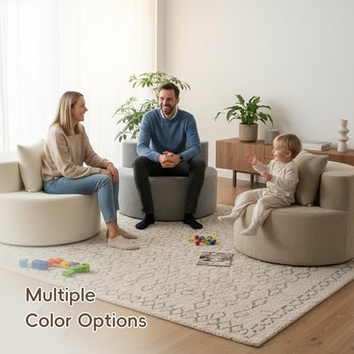 Accent Chair, Round Chaise Lounge Chair with Deep Seat, Modern Chenille Upholstered Lounge Chair, No Assembly Floor Sofa for Living Room Bedroom Apartment, 34.65 Inch Wide, Beige