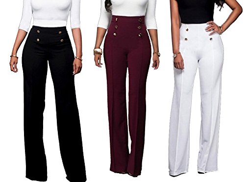 HuiSiFang Women's Casual Stretchy High Waisted Button Down Wide Leg Long Pants Plus Size Black XL - Thumbnail 2