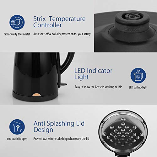 COMFEE' 1.7L Double Wall & Low Noise Electric Kettle with 100% Stainless Steel Inner Pot and Lid. Cool Touch & BPA Free. 1500W Fast Boil. Cordless with Auto Shut-Off & Boil Dry Protection. Black - Thumbnail 4