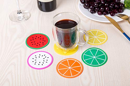 6 Pack Colorful Fruit Slices Silicone Beverage Coasters Drinks Coffee Tea Tabletop Protection Wood Granite Glass Marble Table Lemon Lime Orange Watermelon Dragonfruit Star Fruit 3.5 Inch