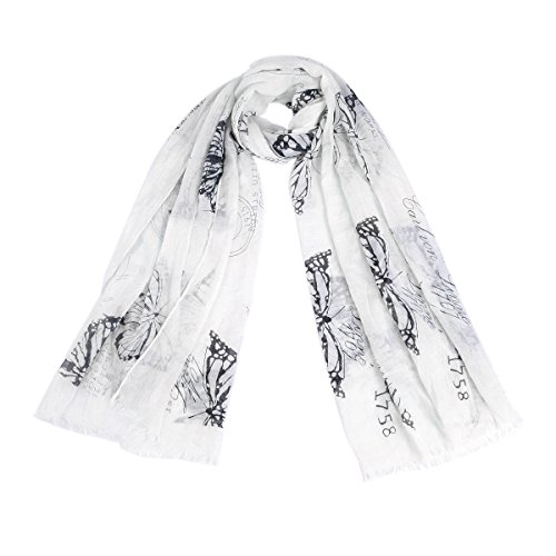 Elegant Vintage Butterfly Frayed End Scarf Wrap, Off White