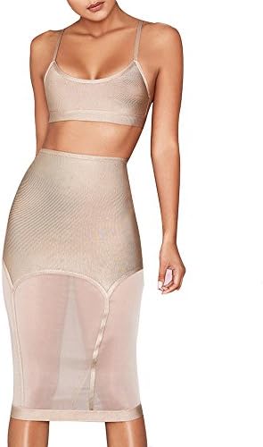 UONBOX Women's Crop Top 2 Pieces Midi Skirt Set Bodycon Bandage Dress (L, Nude)