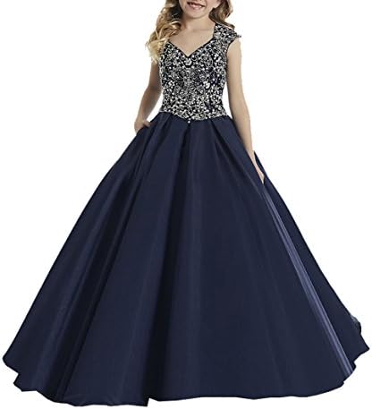 HuaiLian Big Girl's V neck Cap Sleeve Crystal Miss National Kids Pageant Dresses 12 Nave Blue