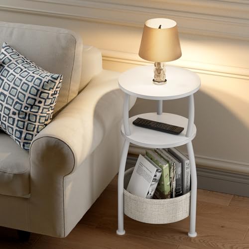 Yuede Round Side Table, 3 Tier Bedside Table, Small End Table with Fabric Basket, Coffee Table for Living Room, Bed Room, Small Space, Easy Assembly (White)