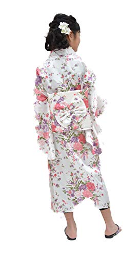 Tikusan Japanese Traditional Dress Kimono Yukata Robe for Kids Girls Costume (8-9 Years, White)