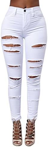 Women High Waist Skinny Ripped Jeans Distressed Stretch Pencil Pants Boyfriend Trouser,White,Large/US 8