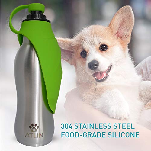 Atlin Dog Water Bottle - 304 Stainless Steel and Silicone - Leak-Proof Dog Bottle is Great for Walking, Hiking, Running and The Dog Park - 20 oz for Large, Medium or Small Dogs