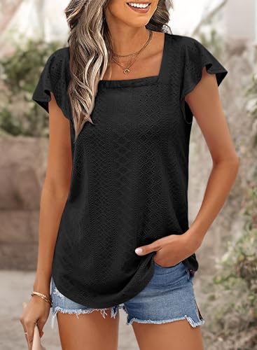 WOMENS EYELET TOPS SQUARE NECK RUFFLE SHORT SLEEVE T-SHIRTS DRESSY CASUAL 2024 SUMMER FLOWY TRENDY TUNIC TOPS (BLACK, MEDIUM)