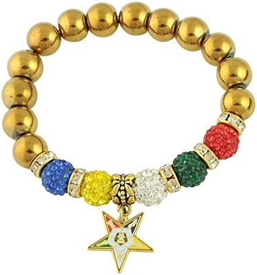 Order of the Eastern Star Hematite Natural Gemstone Charm Stretch Bracelet (8.5)
