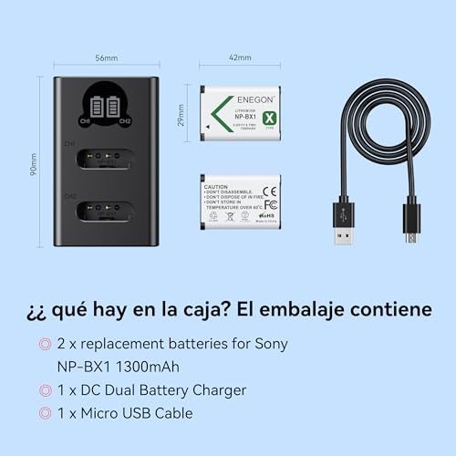 ENEGON NP-BX1 Batería de Repuesto (2 * 1300 mAh) y LCD rápido Cargador para Sony ZV-1, Cyber-Shot DSC-RX100, DSC-RX100 II/III/M4/M5/M6/M7/Ⅳ/Ⅴ/Ⅵ/Ⅶ/VA, DSC-RX100M II, HDR-CX405