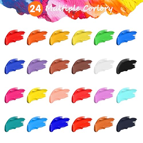 KINSPORY Acrylic Paints 24 x 35 ml with 4 Brushes – Waterproof, Certified Safe, Acrylic Paint – for Canvas, Wood, Glass, Stone – Ideal for Artists, Beginners and Children