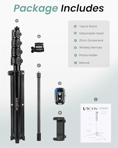 Victiv 197 cm high mobile phone tripod, flexible overhead smartphone tripod, with 25 cm adjustable gooseneck, remote shutter release for selfies, aluminium camera phone tripod for Sony DSLR and iPhone17 16 15 Pro Max