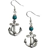 Anchor with Rope Decor Charm Earrings with Turquoise Colored Stone Beads on Sterling Silver Earwires