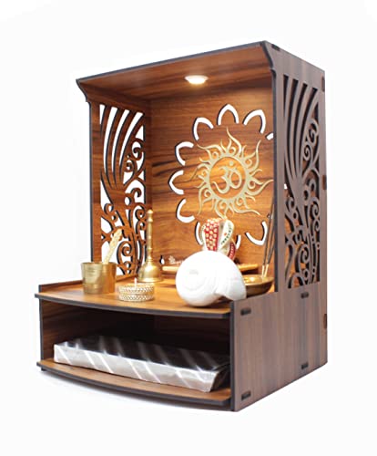 Heartily® Laabh Beautiful Wooden Pooja Stand for Home and Office - Mandir/Temple With LED Spot Light (H- 15.5, L- 11.5, W-11 Inch)