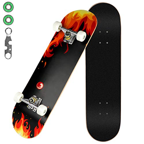 CCTRO Skateboards 31" Pro Skateboard Complete, 8 Layer Maple Skateboard Deck for Extreme Sports and Outdoors, Tricks Skate Board for Beginners and Pro(31" Red Frame)