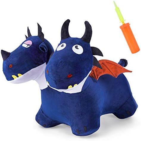 iPlay, iLearn Bouncy Pals Blue Bouncy Horse Hopper Toy, Plush Cover Two Headed Hopping Dragon, Inflatable Ride on Animal, Indoor Outdoor Jump Gift for 18 24 Month 2 3 4 Year Olds Boy Kid Toddler Girl
