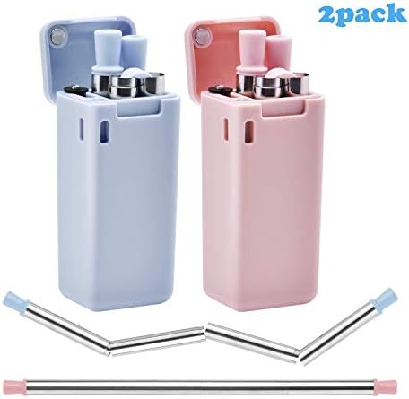 HIHOPER 2 Pack Collapsible Reusable Straw,Composed of Stainless Steel and Premium Food-Grade Silicone,Portable Set with ABS Hard Case Holder and Cleaning Brush,For Party,Travel,etc.(Pink&Blue)