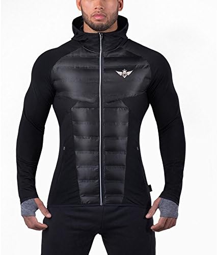 KORKSLORES Men's Zipped Hooded Down Jacket, Gym Training Lightweight Packable Winter Coat (Large, Black)
