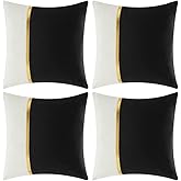 Fancy Homi 4 Packs Black Decorative Throw Pillow Covers 18x18 Inch for Living Room Couch Bed Sofa, Black and White Velvet Patchwork with Gold Leather, Luxury Home Decor Square Cushion Case 45x45 cm