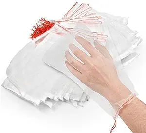 June Fox 100 Fruit Protection Bags, Reusable Netting Bags 6 x 10 Inch Mosquito Bug Insect Bird Nylon Net Barrier Bag with Drawstring for Protecting Plant Fruits Flower