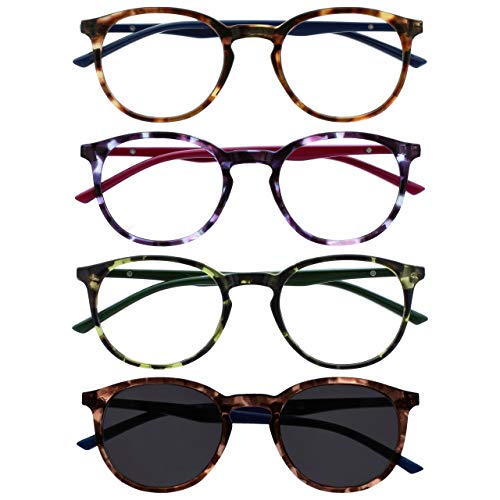 OPULIZE MET Reading Glasses and Reading SunGlasses for Women Men, Round Frame, Brown,Purple,Green,Brown Sun +3 (Pack of 4)