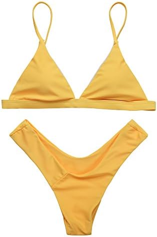 QNDREZ Womens Sexy Triangle Thong Soft Padded Bikini Set Two Piece Swimsuits (S(US2-4), Yellow)