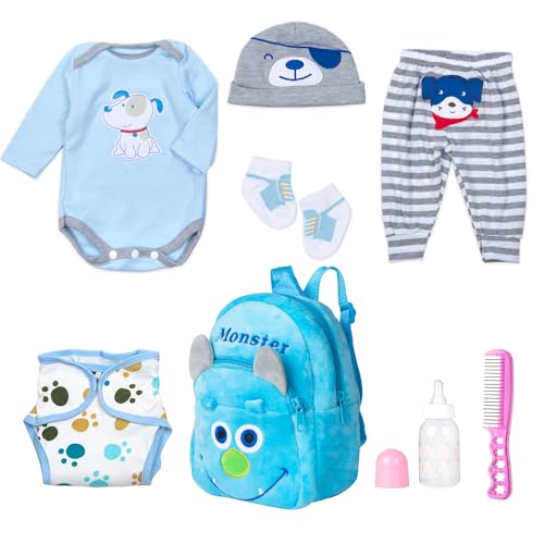 PEDOLLTREE 8 Pcs Reborn Baby Boy Doll Clothes Accessories Blue Puppy Set with Backpack Diaper for 17-22 Inch Reborn Doll Newborn Baby Boy