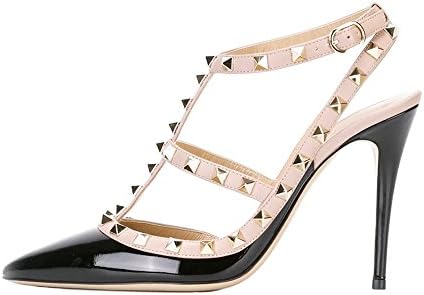 Juoar Women's Stiletto Big Size High Heels Pumps Studded Rivets T-Strap Shoes Slingback Buckle Sandals Patent Leather B-Black US9