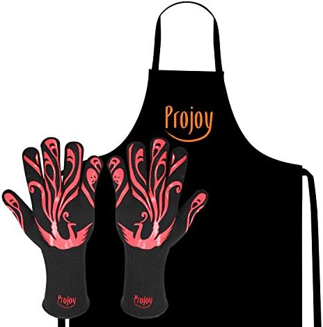 Projoy BBQ Cooking Gloves , Extreme Heat Resistant up to 932°F, Perfect for Barbecue, Oven, Smoking, Grilling, Baking Protection, 14' Extra Long Insulated Mitts (1 Pairs), Bonus with Projoy Apro