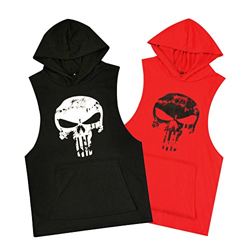 GZXISI Mens Skull Print Stringer Bodybuilding Gym Tank Tops Workout Fitness Vest (2 Pack:Black Hoodie,Red Hoodie, Medium) - Thumbnail 4