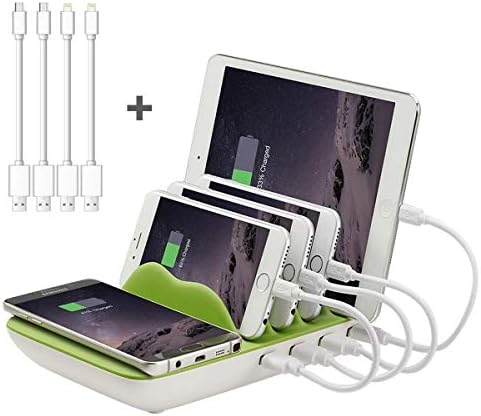 Charging Station for Multiple Devices, Hometall 4-Port USB Charger QI Wireless Charging Dock Organizer with 4 Handy Cables for iPhone 8, iPhone X, iPhone 7/7 Plus, iPad, Samsung Galaxy S8 Plus(Green)
