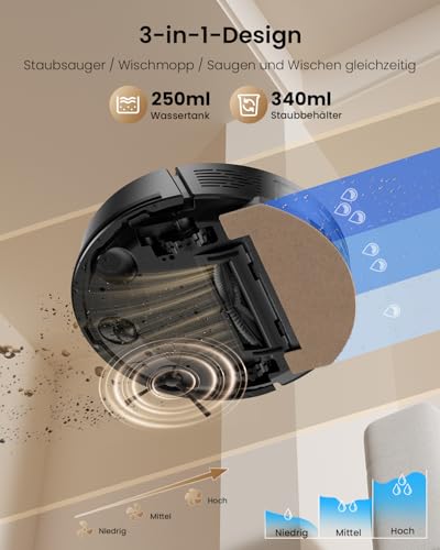Proscenic Q8 Max Robot Vacuum Cleaner with Wiping Function, 8000 Pa 200 Min Vacuum Cleaner Robot with 3L Dust Bag, LiDAR Navigation with 5 Maps & Line Laser Obstacle Avoidance, Control via App Alexa Siri