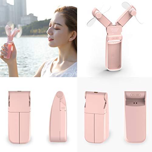 Dual Head Mini Handheld Fan, Personal Portable Fan USB, Small Pocket Foldable Desk Fan for Home Office Traveling Or Hiking, Lithium Battery Operated Rechargeable Patented Degisn, Pure Pink.