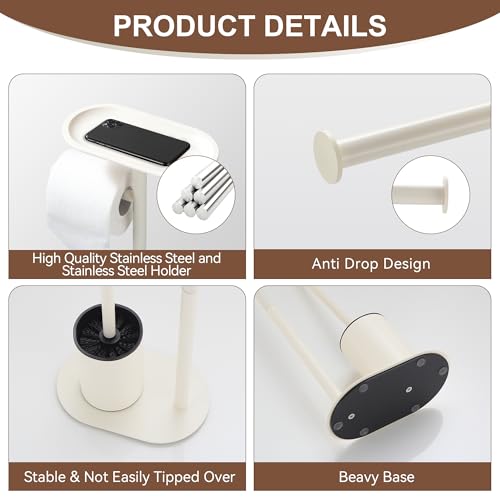 BGL White Stainless Steel Freestanding Toilet Brush Set - Toilet Brush and Toilet Brush with Toilet Paper Holder, 3 in 1 Set with Shelf, Modern Design