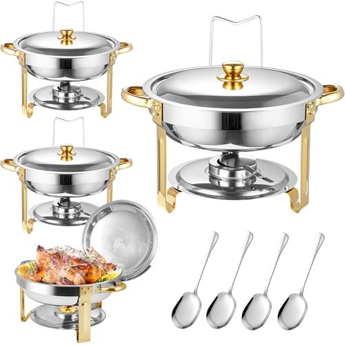 AUUCFW Chafing Dish Buffet Set, 4.5 Liter, Stainless Steel Buffet Set, Round Catering Warmer with Lid Water Tray Holder Fuel Rack Lid Shelf Spoon for Any Party(4 Pcs)
