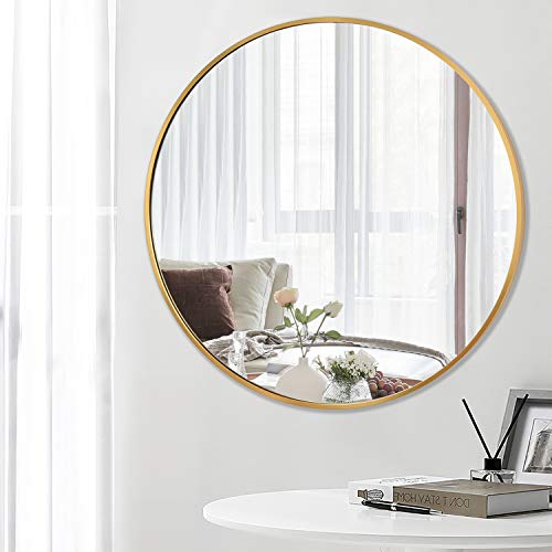PexFix Round Wall Mirror, 36-Inch Modern Aluminum Alloy Frame Beveled Accent Wall-Mounted Decorative Mirror for Bedroom, Vanity Washrooms, Living Room & Entryway (Titanium Gold)
