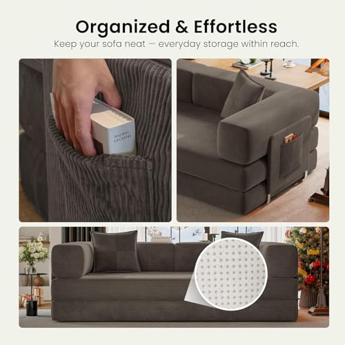 Convertible Folding Couch Bed, Comfy Corduroy Sleeper Floor Sofa Bed with Fixed-Shape Frame, Floor Sofa with Armrest, Lounge Couch for Living Room Bedroom Lounge Studio (Dark gray, 200CM) | boneless couch