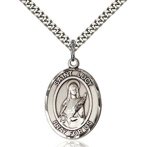 Sterling Silver St. Lucy Pendant 1 x 3/4 inches with Heavy Curb Chain